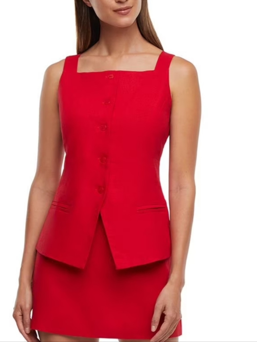 NWT Express Red Linen-Blend Sleeveless Top Button Fully Lined Tailored Size XS